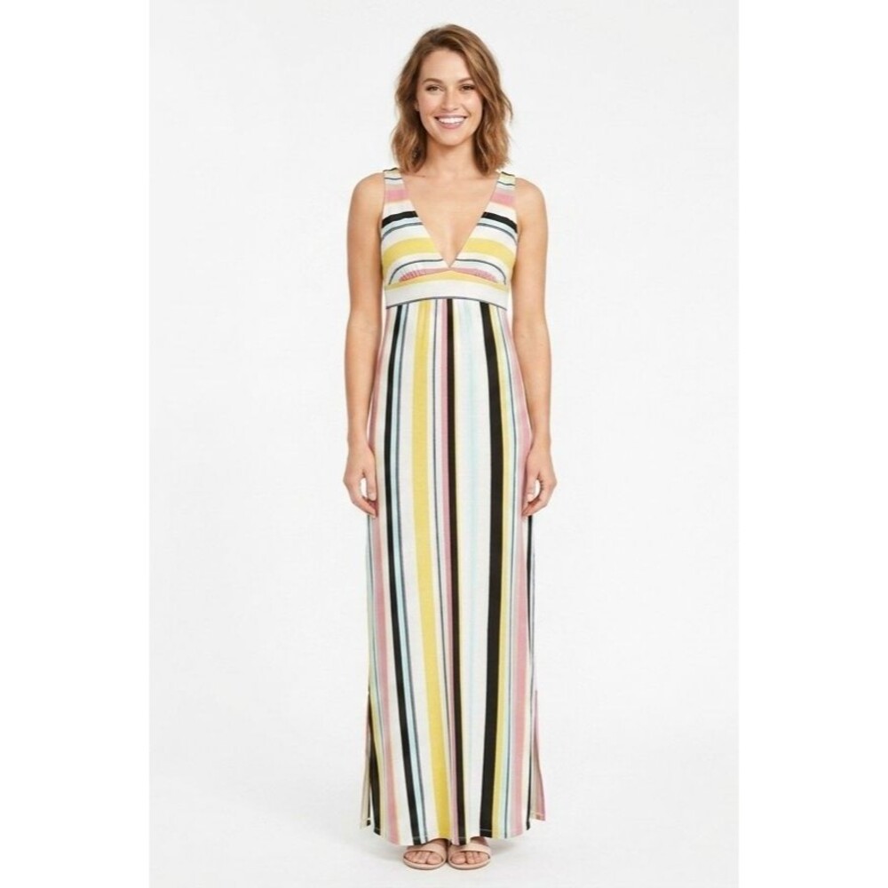 SKYE Womens Small Striped Empire Waist Maxi Dress V Neck Cover Up Knit EUC